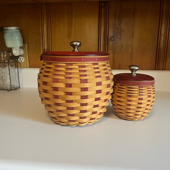 Longaberger Other - Longaberger Natural and Burgundy Woven Canister Set with Metal Knobs